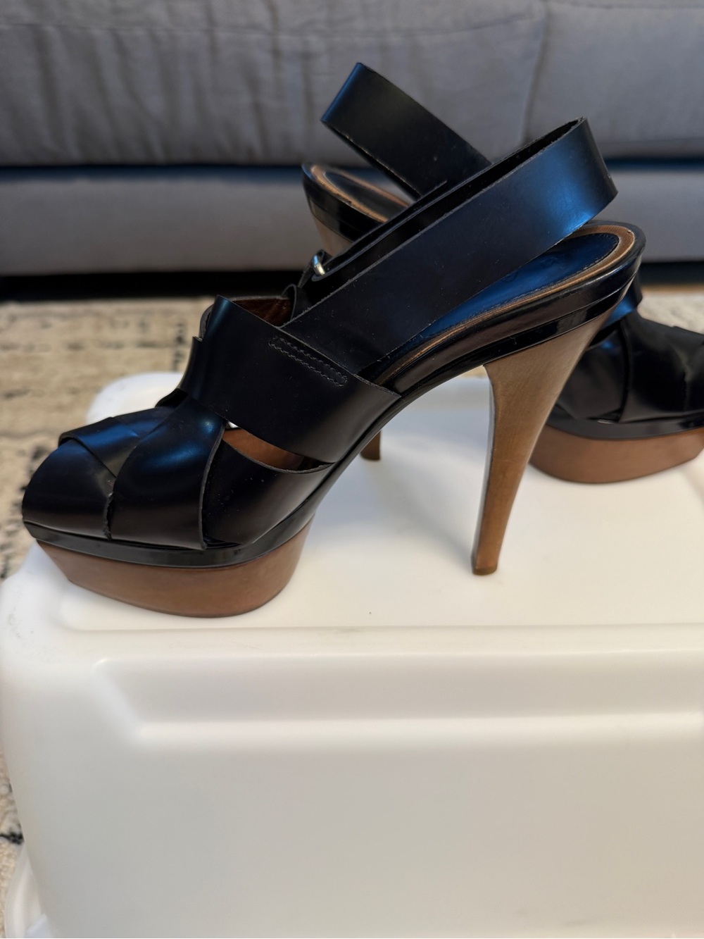 Black Leather Marni Peep-Toe Woven Platform Slingback Heels - Picture 3 of 4